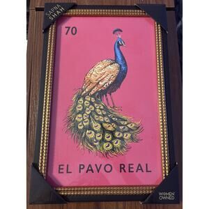 New Sapna Shah Framed Art El Pavo Real Peacock Mexican Lotería Card 18” x 12”